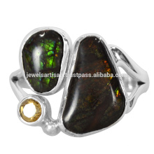 Beautiful Ammolite And Citrine Gemstone 925 Sterling Silver Ring Jewelry